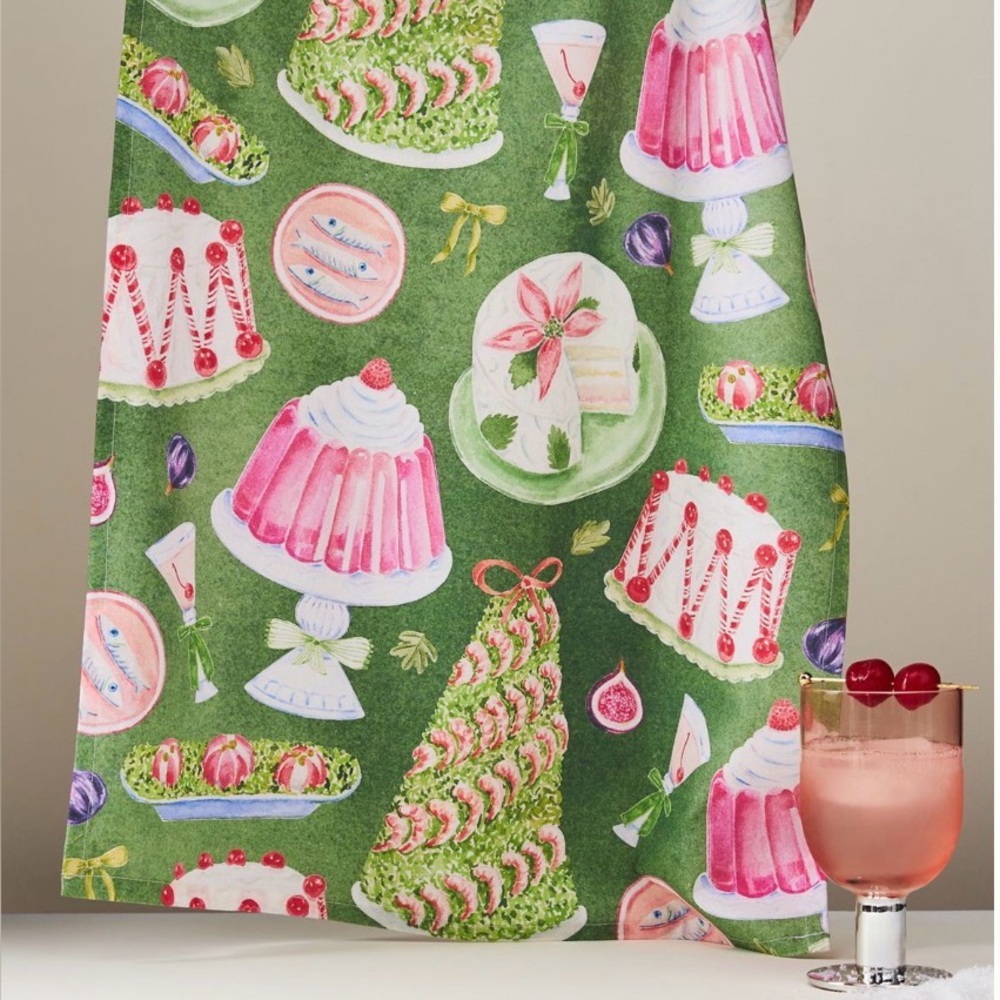 NWT Anthropologie Green and Pink/Coral Holiday Dish Towel